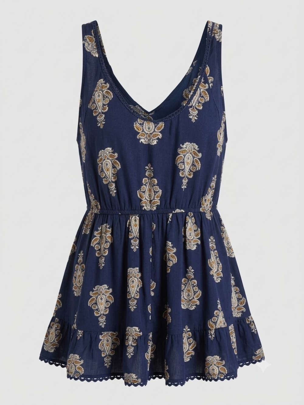 Xhilaration Navy Paisley V-Neck Tank with Gold Accents